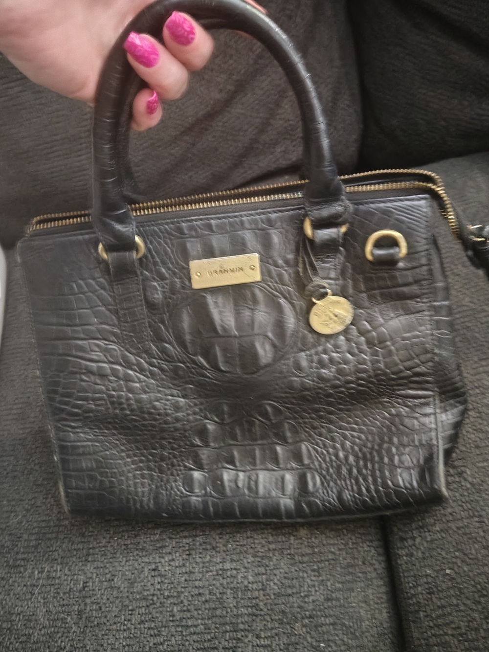 Brammin Black Croc-Embossed Leather Satchel with Gold Hardware